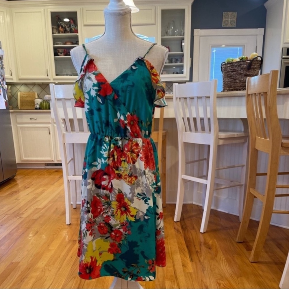 MM Couture Floral Dress in Teal and Red